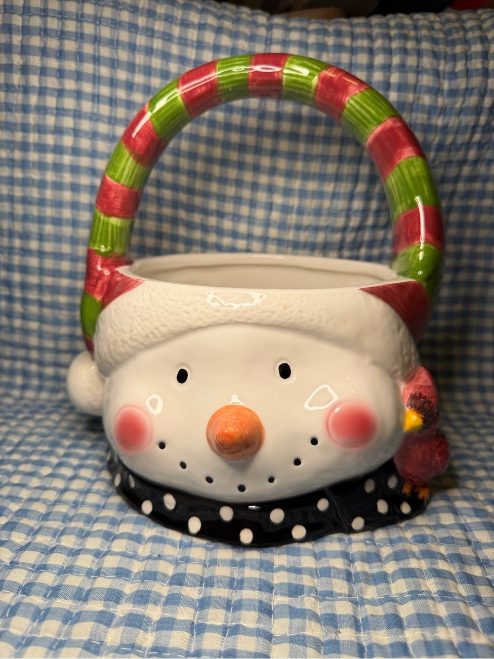 Vintage 1998 Jay Imports Ceramic Snowman Basket with Cardinal